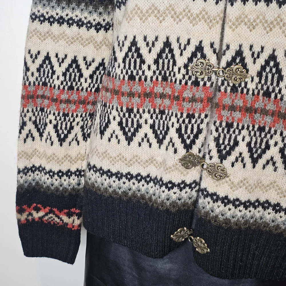 Y2K 100% Wool Cardigan Sweater - Women's Size M - Vintage Aztec Fair Isle Nordic